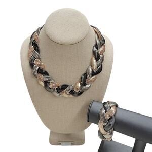 Tri Tone Braided Statement Necklace Bracelet Set Chunky Woven Mesh Collar